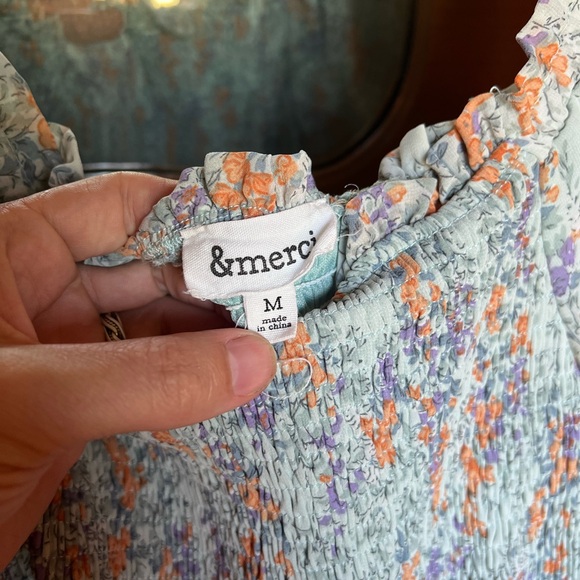 Floral Blue and Orange Smocked Midi Chiffon Dress - Picture 6 of 8